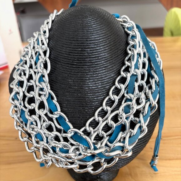 Silver Multi Strand Chain with Blue Suede Lace Statement Necklace - Picture 3 of 6